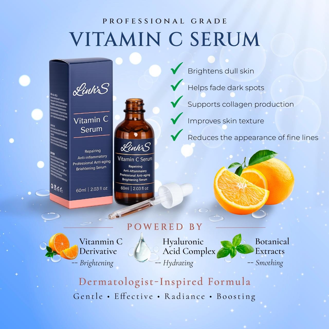 LINH’S Vitamin C Serum for Face – Brightening & Anti Aging Facial Serum, Helps Improve Dark Spots, Fine Lines & Uneven Skin Tone, Gentle Repairing Skin Care, 60ml / 2.03 fl oz - Image 3